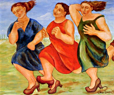 Drie gratiën rennend met bruine schoenen | 1999 acryl 100 x 125 cm