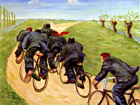 Fietsers met wilgenbomen | 2003 acryl 50 x 60 cm 