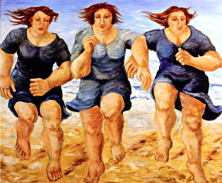 Drie rennende vrouwen uit zee in blauwe jurken | 2004 acryl 100 x 120 cm 