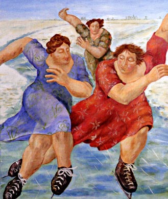 Drie schaatssters in zomerjurk | 2005 acryl 125 x 100 cm 